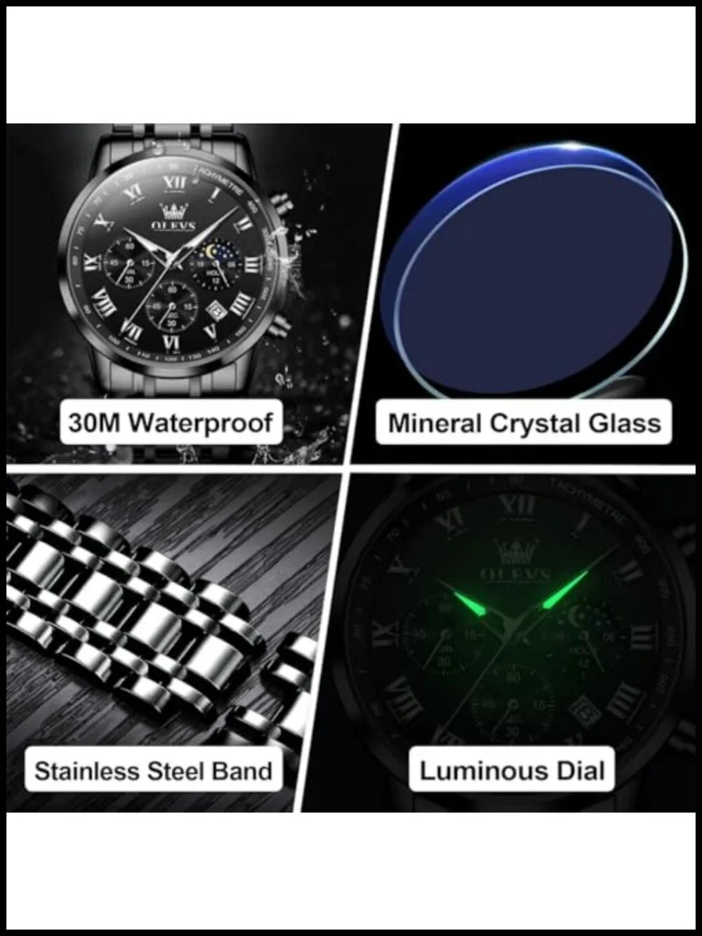 Men's Stainless Steel Chronograph Watch Big Face Roman Numerals Analog Quartz